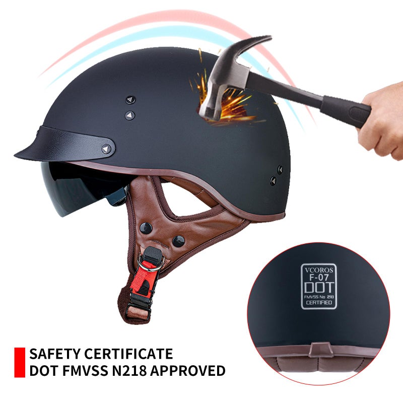 VCOROS Half Motorcycle Helmets Open Face Sun Visor Quick Release Buckle DOT Approved Cruiser Pilot Helmets for Adults Men Women(Matte Black L) - Image 3